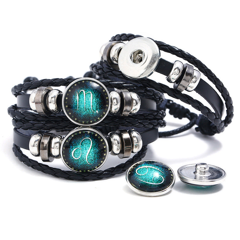 Popular 12 Constellation Cowhide Bracelet Personalized Retro Woven Star Bracelet, Twelve Constellation Leather Bracelet