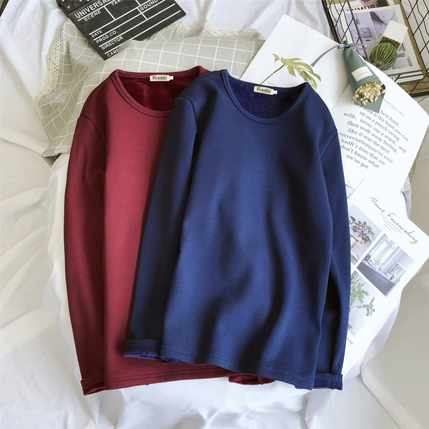Men's Fleece Thickened Long-sleeved T-shirt Crew Neck Autumn Slim-fit Bottoming Shirt Winter Solid Color Warm T-shirt on Clothes