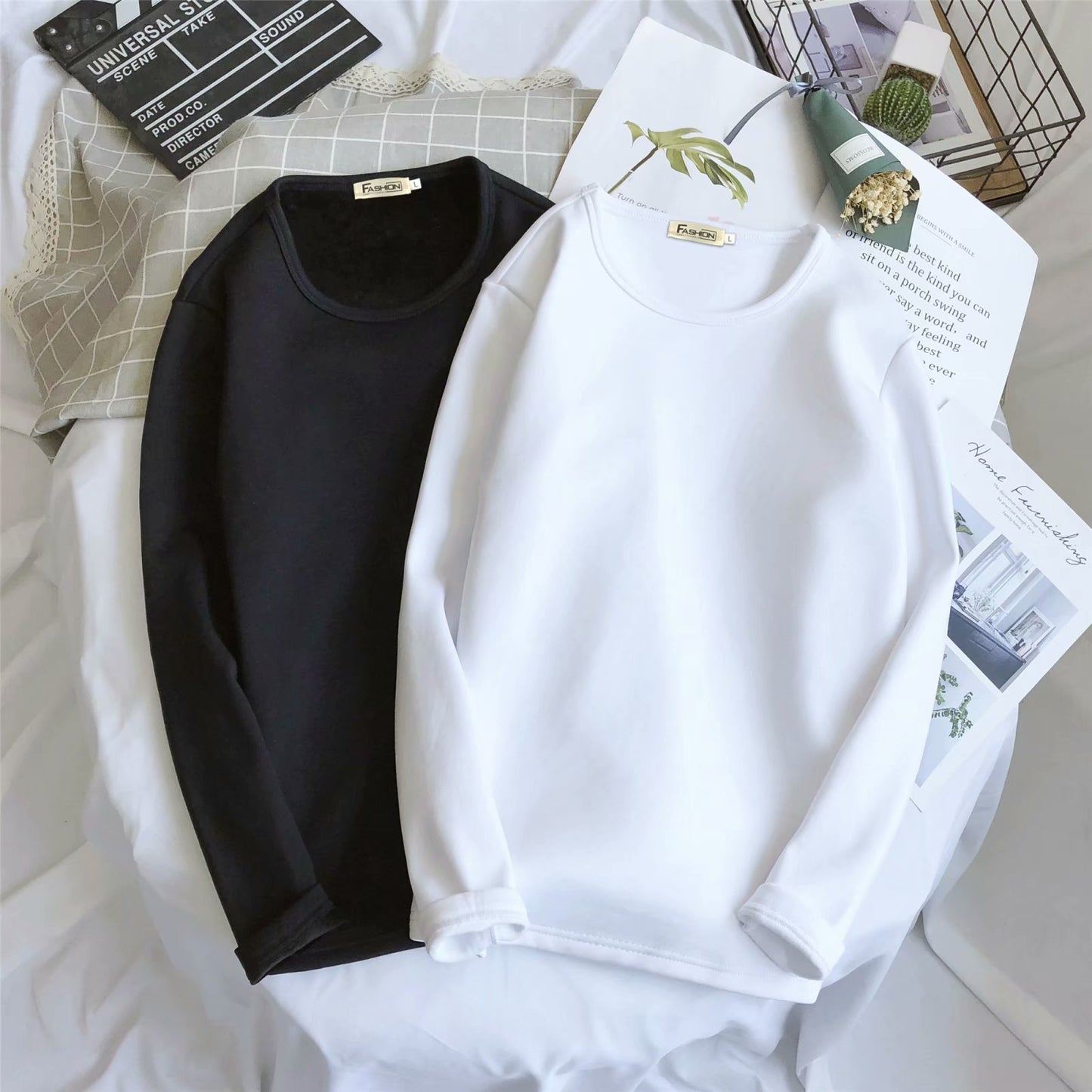 Men's Fleece Thickened Long-sleeved T-shirt Crew Neck Autumn Slim-fit Bottoming Shirt Winter Solid Color Warm T-shirt on Clothes