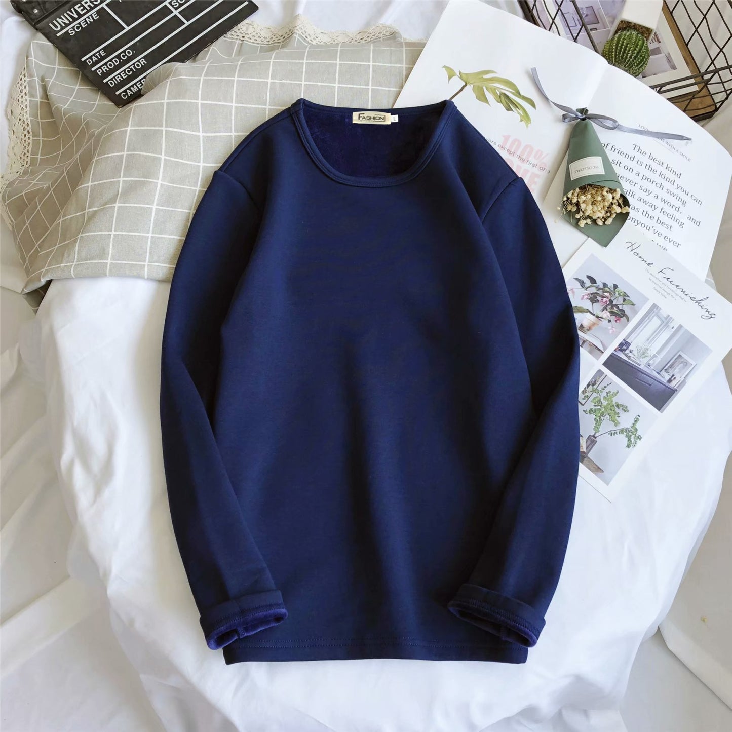 Men's Fleece Thickened Long-sleeved T-shirt Crew Neck Autumn Slim-fit Bottoming Shirt Winter Solid Color Warm T-shirt on Clothes