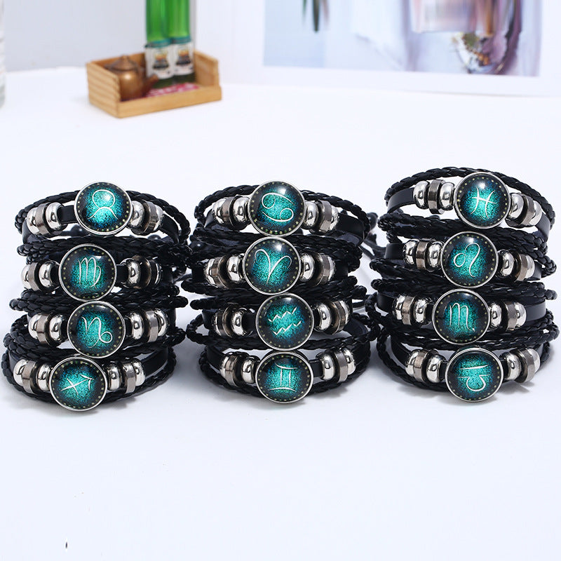 Popular 12 Constellation Cowhide Bracelet Personalized Retro Woven Star Bracelet, Twelve Constellation Leather Bracelet