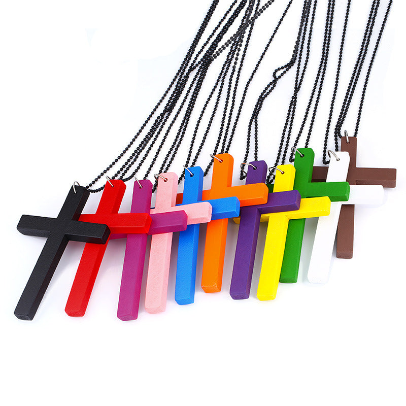 Hot Sale, European and American Fashion Cross Necklace, Wooden Simple Versatile Sweater Chain Accessories Nkd44