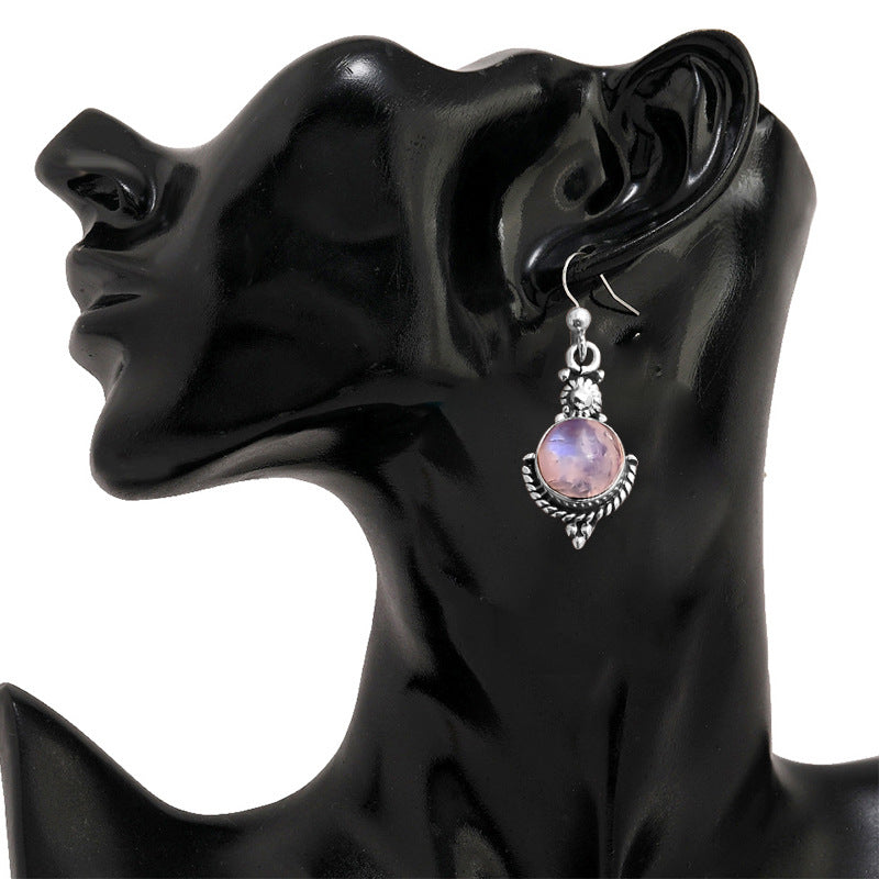 Hot Sale, New Moonstone Retro Earrings, European and American Fashion Imitation Thai Silver Seven Rainbows Gem Ear Hook Jewelry