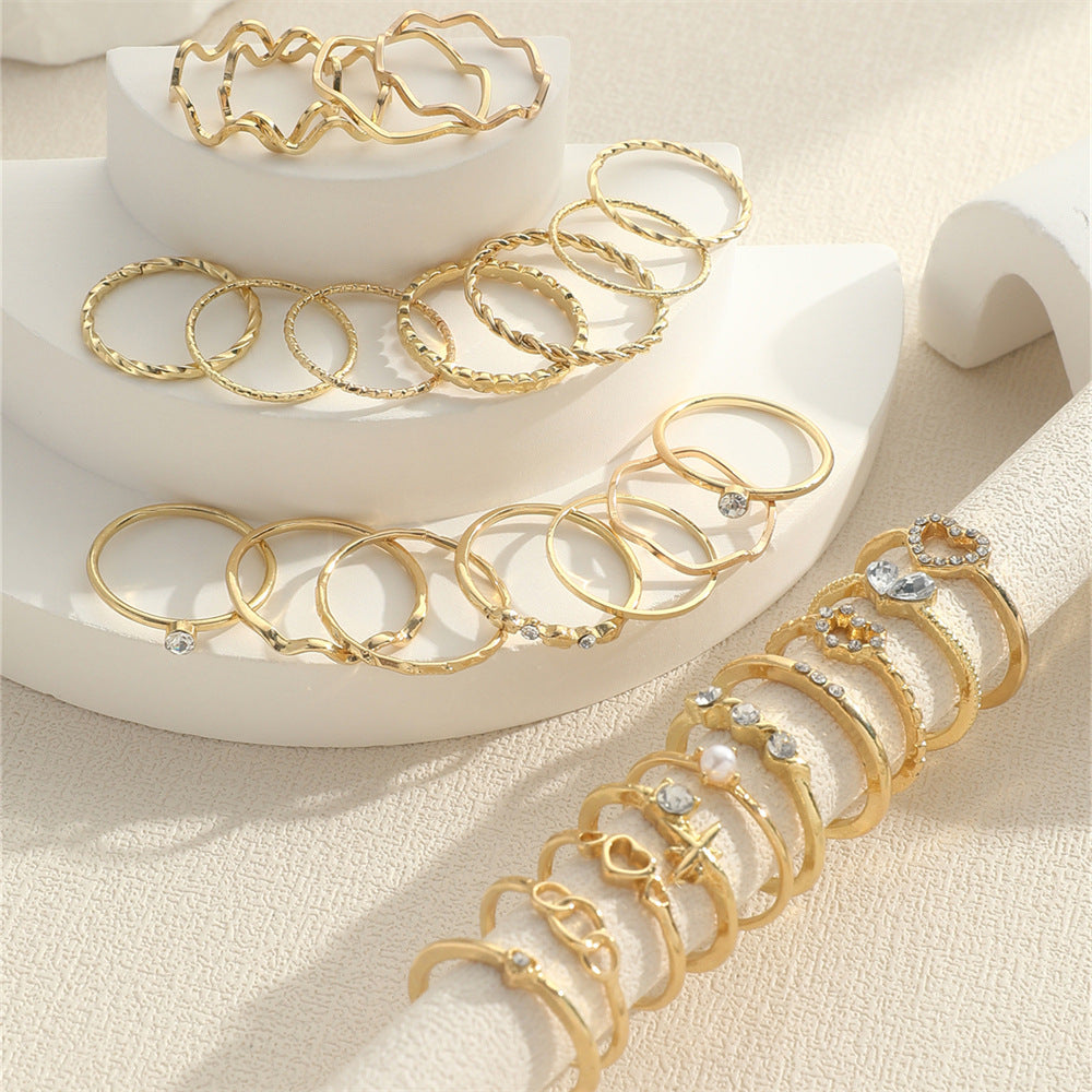 Hot-selling Cross-border Simple Diamond-set Love Wave Ring 28-piece Set Gold Geometric Joint Ring