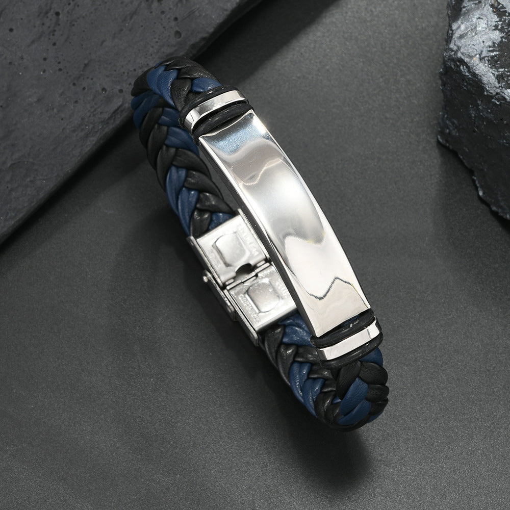 European and American Stainless Steel Simple Bracelet, Light Plate Lettering Leather Woven Bracelet, Men's Bracelet Factory Direct Sales