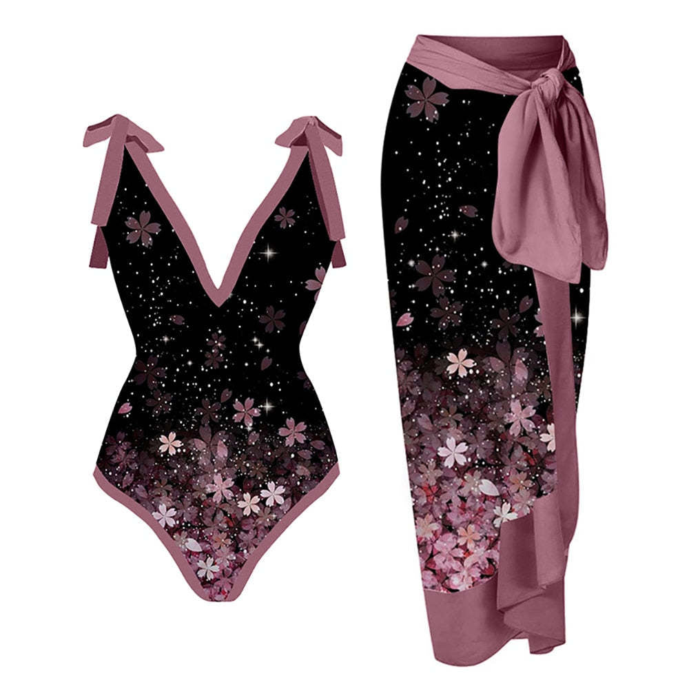 2025 European and American Foreign Trade One-piece Bikini Three-piece Suit Conservative Beach Skirt Chiffon Wrap Skirt Hot Spring Swimsuit Women