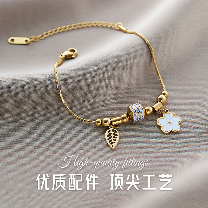 Warm Jian Does Not Fade Cross-border Hot-selling Titanium Steel Bracelet Women's Five-leaf Clover with Diamonds Ins Wind Personality 18K Vacuum Plating