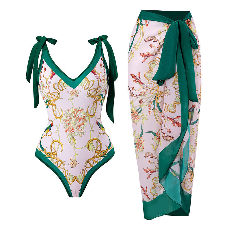 2025 European and American Foreign Trade One-piece Bikini Three-piece Suit Conservative Beach Skirt Chiffon Wrap Skirt Hot Spring Swimsuit Women