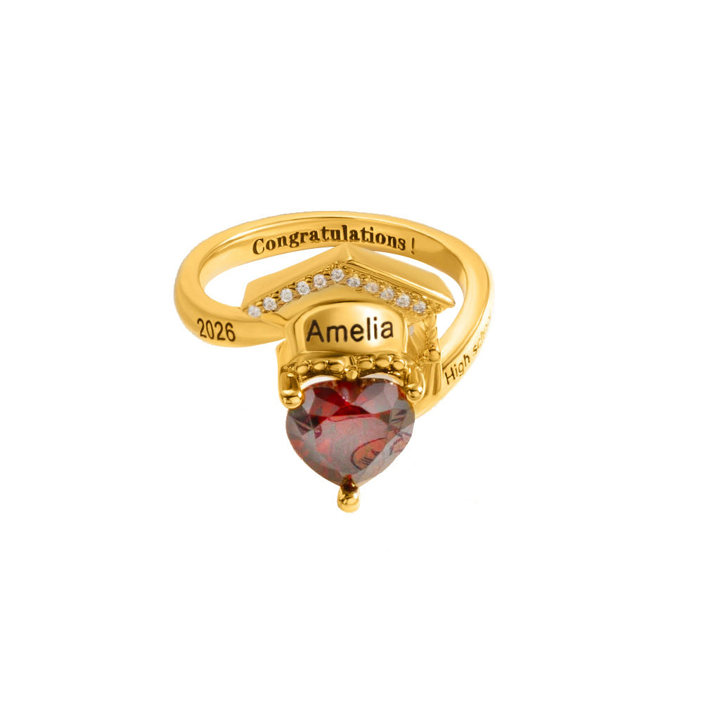 2025 New Cross-border Independent Station Graduation Commemorative Scholar Hat Women's Love Birthstone Ring Ring Customization