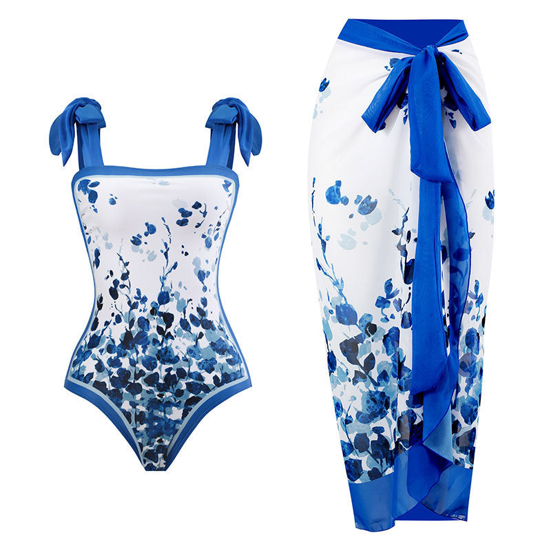 2025 European and American Foreign Trade One-piece Bikini Three-piece Suit Conservative Beach Skirt Chiffon Wrap Skirt Hot Spring Swimsuit Women