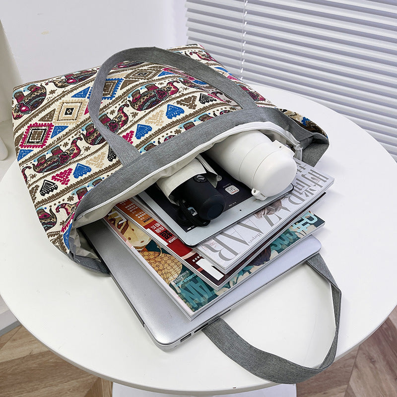Foreign Trade New Canvas Bag Large-capacity Women's Bag Printed Handbag Ethnic Style Literary and Artistic Student Bag Shopping Bag