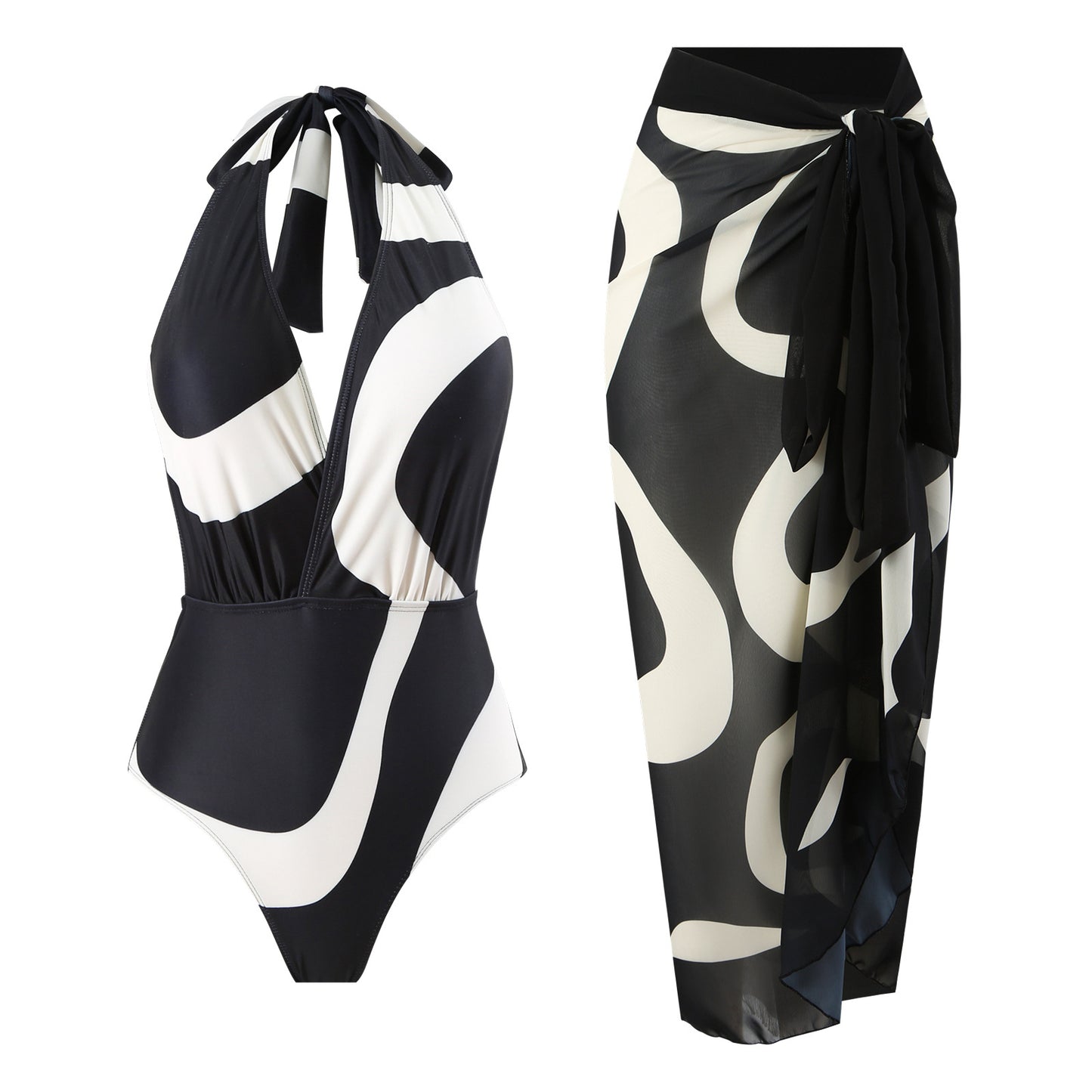 2025 European and American Foreign Trade One-piece Bikini Three-piece Suit Conservative Beach Skirt Chiffon Wrap Skirt Hot Spring Swimsuit Women