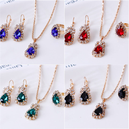 XP17 European and American Ins Water Drop Jewelry Set, Personalized Fashion Color Rhinestone Necklace, Earrings, Ring Set New