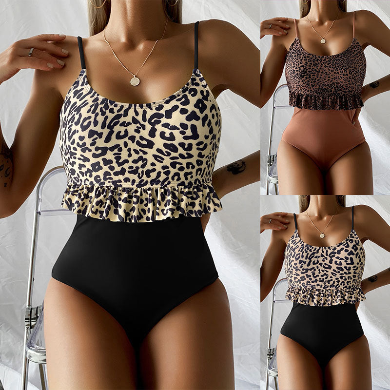 2025 New Leopard Print Lace One-piece Swimsuit Female Amazon Europe and America Sexy Tight Triangular Bikini Swimsuit