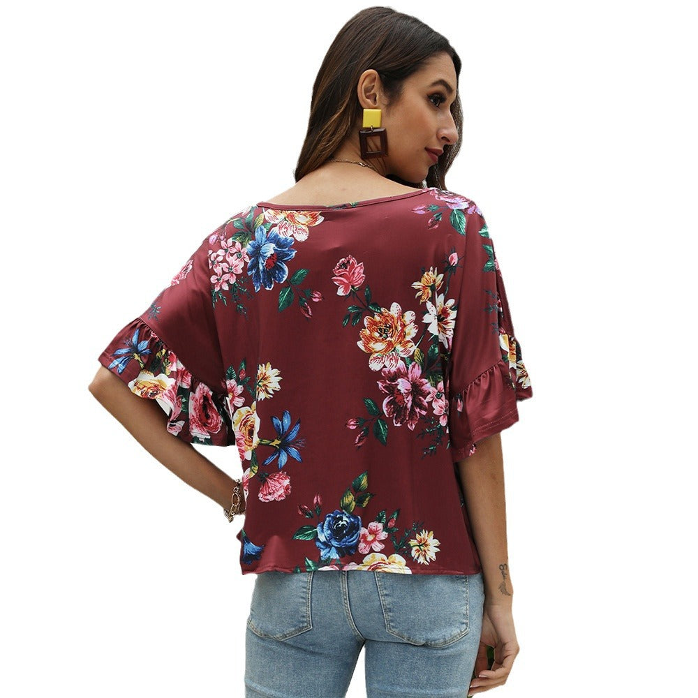 Summer Clearance Amazon Round Neck Short-sleeved Printed T-shirt Ripped Open Shoulder Short-sleeved European Beautiful Women's Top Spot