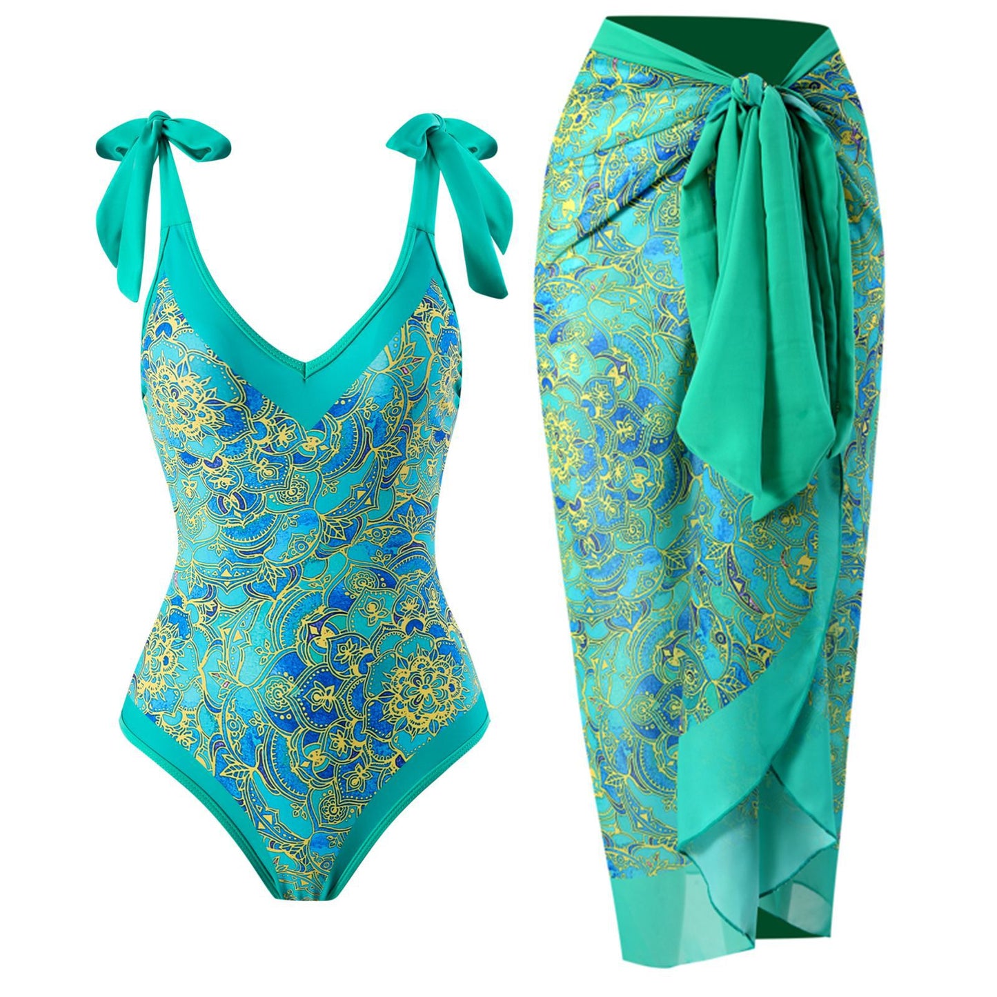 2025 European and American Foreign Trade One-piece Bikini Three-piece Suit Conservative Beach Skirt Chiffon Wrap Skirt Hot Spring Swimsuit Women