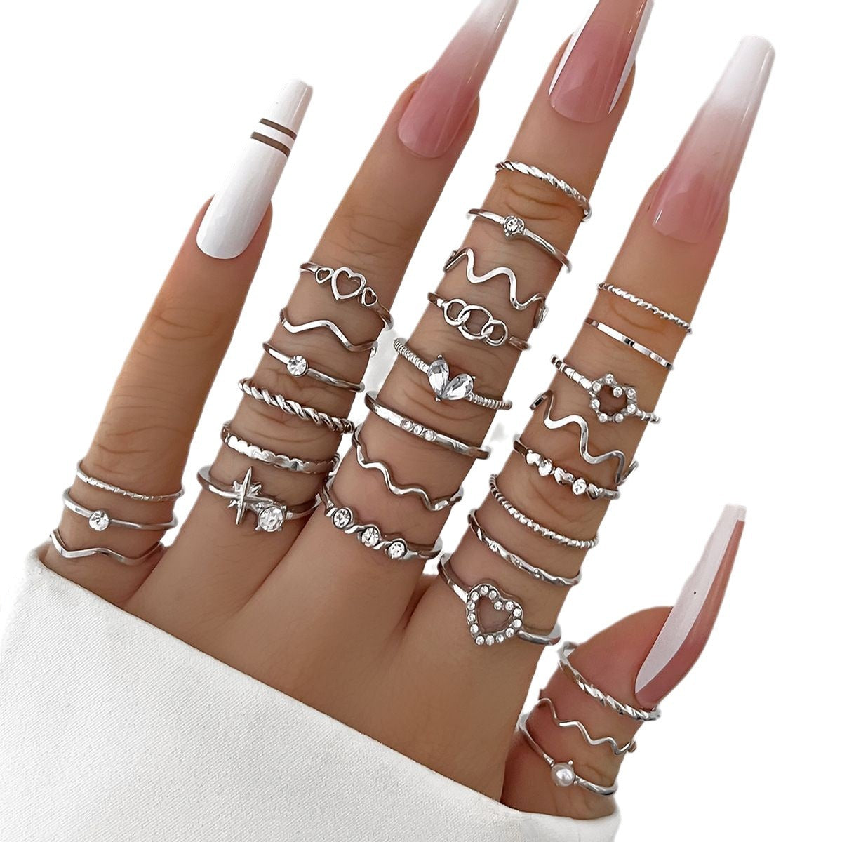 Hot-selling Cross-border Simple Diamond-set Love Wave Ring 28-piece Set Gold Geometric Joint Ring