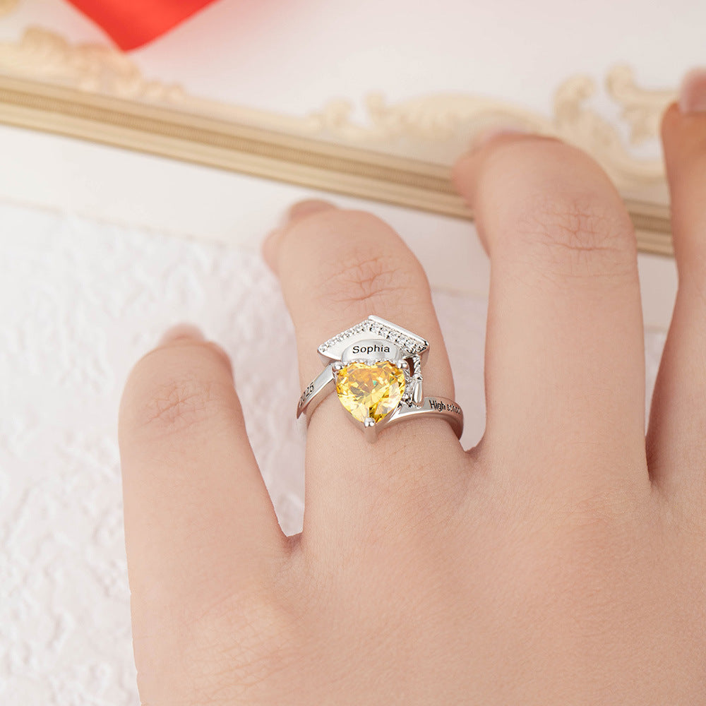 2025 New Cross-border Independent Station Graduation Commemorative Scholar Hat Women's Love Birthstone Ring Ring Customization
