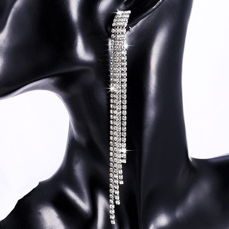 XP17 Cross-border Hot-selling Long Rhinestone Fringed Earrings Women's Blingbling Super Flash Stud Earrings and Ear Jewelry Wholesale