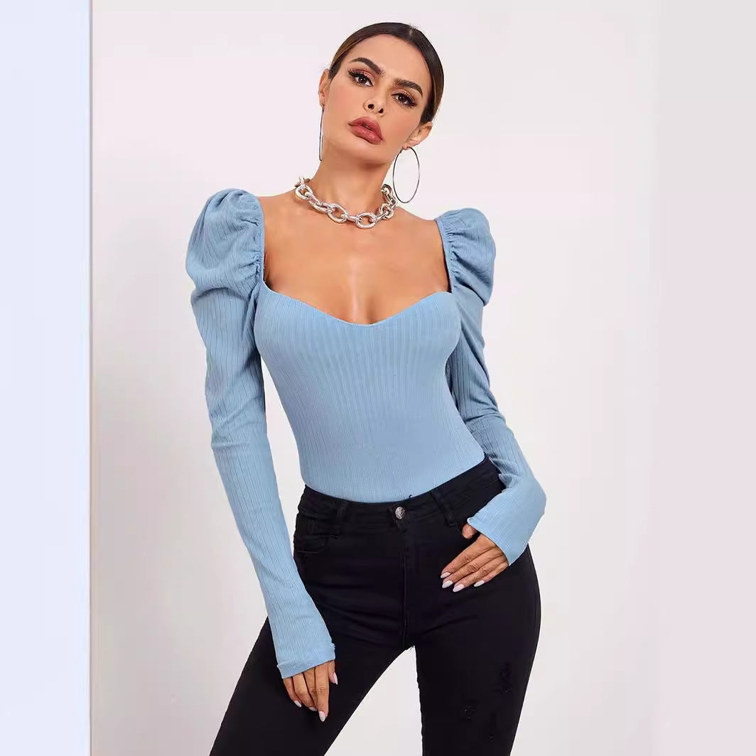 Foreign Trade Cross-border Amazon Bubble Long-sleeved Women's Clothing Pullover One-word Collar Solid Color Slim-fit T-shirt