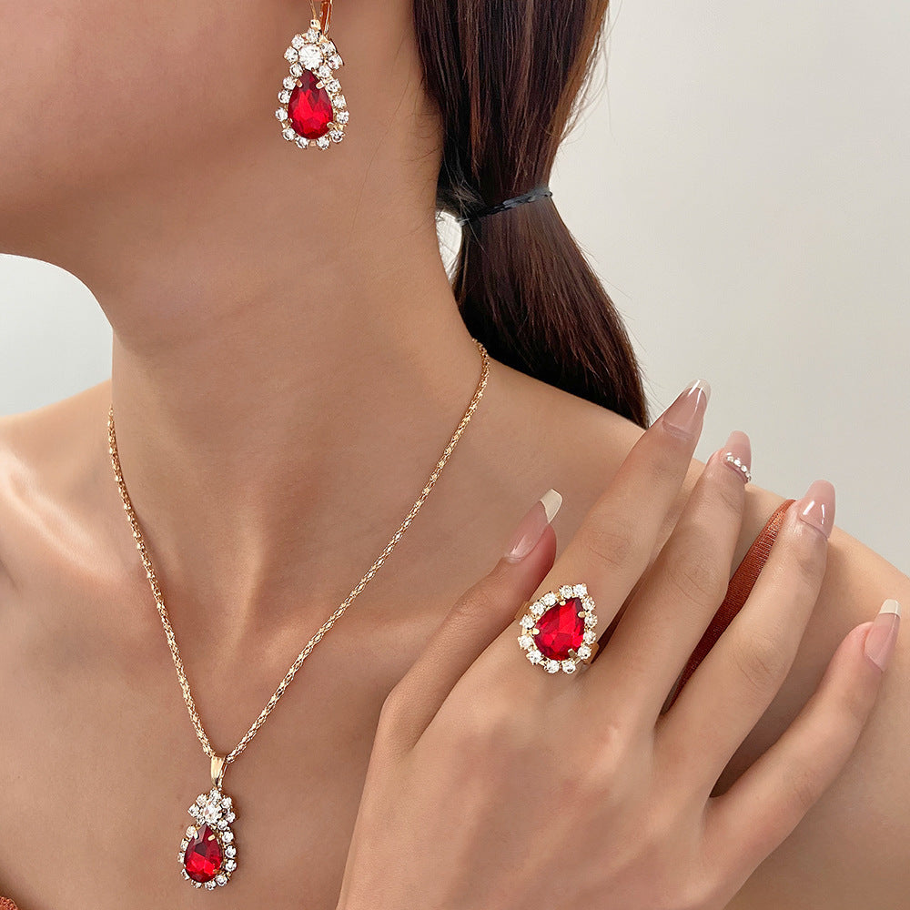 XP17 European and American Ins Water Drop Jewelry Set, Personalized Fashion Color Rhinestone Necklace, Earrings, Ring Set New