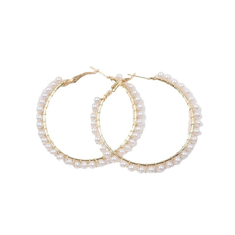 XP17 European and American Explosion Fashion Geometric Large Circle Earrings Women's Pearl Winding Ear Buckle Exaggerated Temperament Ear
