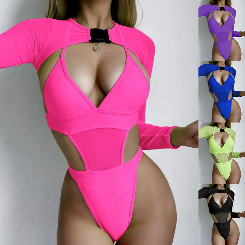 Amazon Multi-color Sexy Triangle One-piece Swimsuit Women, European and American Blouse Long-sleeved Hot Spring Bikini Swimsuit