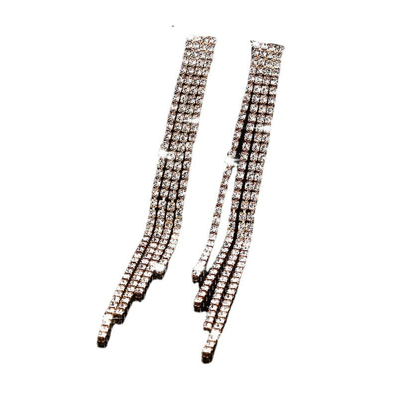 XP17 Cross-border Hot-selling Long Rhinestone Fringed Earrings Women's Blingbling Super Flash Stud Earrings and Ear Jewelry Wholesale