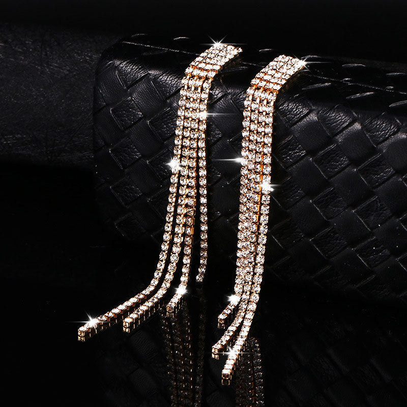 XP17 Cross-border Hot-selling Long Rhinestone Fringed Earrings Women's Blingbling Super Flash Stud Earrings and Ear Jewelry Wholesale