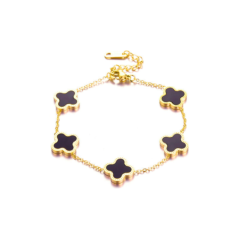 Warm Jian Does Not Fade Cross-border Hot-selling Titanium Steel Bracelet Women's Five-leaf Clover with Diamonds Ins Wind Personality 18K Vacuum Plating