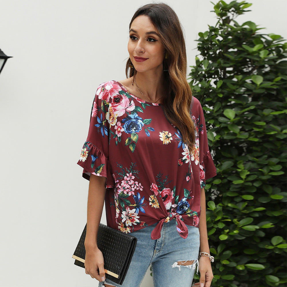 Summer Clearance Amazon Round Neck Short-sleeved Printed T-shirt Ripped Open Shoulder Short-sleeved European Beautiful Women's Top Spot