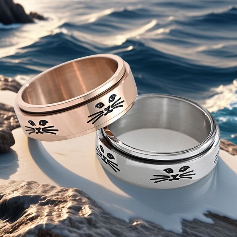 Hip-hop Fashion Cat Rotatable Titanium Steel Ring Temperament Popular Couple Ring Cross-border Amazon Decompression Jewelry
