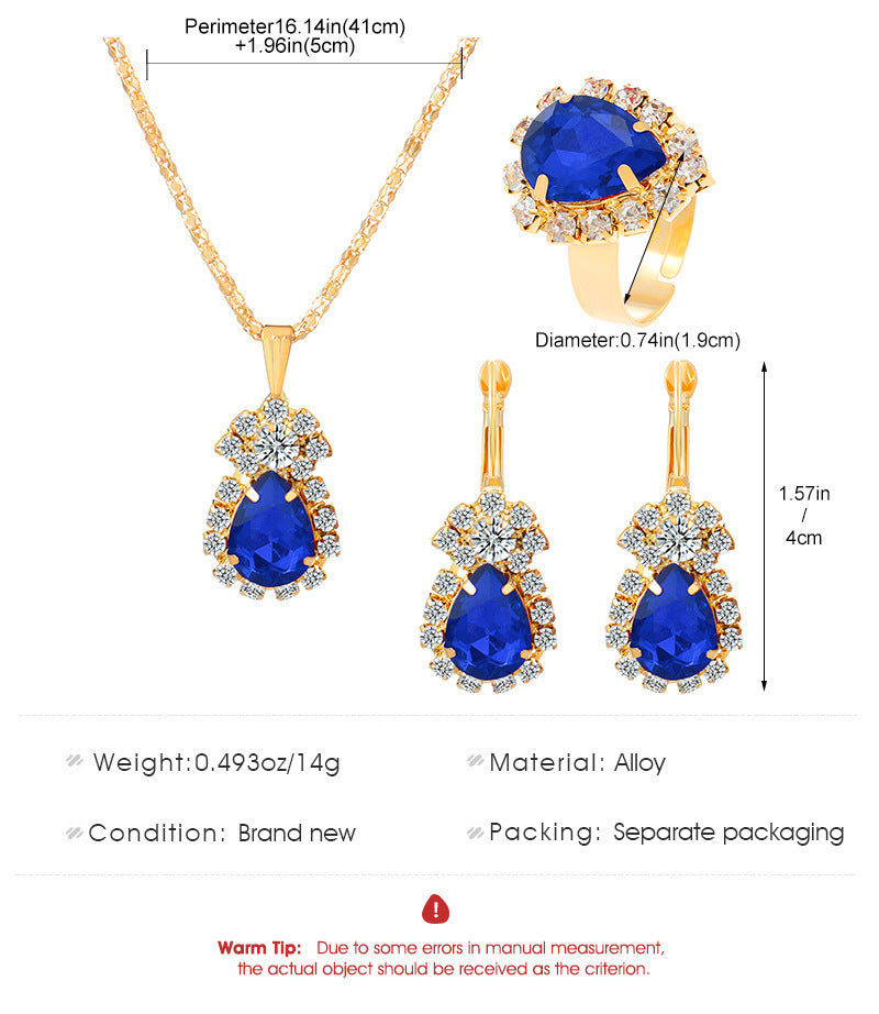 XP17 European and American Ins Water Drop Jewelry Set, Personalized Fashion Color Rhinestone Necklace, Earrings, Ring Set New