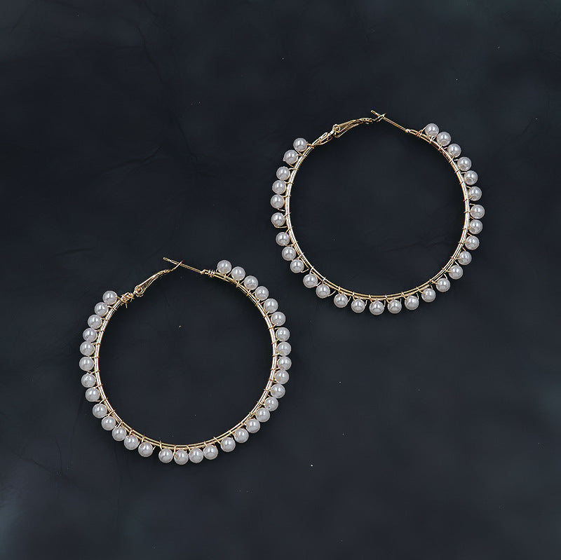 XP17 European and American Explosion Fashion Geometric Large Circle Earrings Women's Pearl Winding Ear Buckle Exaggerated Temperament Ear
