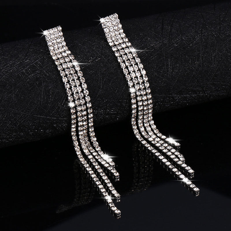 XP17 Cross-border Hot-selling Long Rhinestone Fringed Earrings Women's Blingbling Super Flash Stud Earrings and Ear Jewelry Wholesale