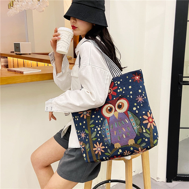 Foreign Trade Ethnic Style Retro Portable Canvas Bag Large Embroidery Shopping Fashion Shoulder Women's Bag New Matai Tote Bag