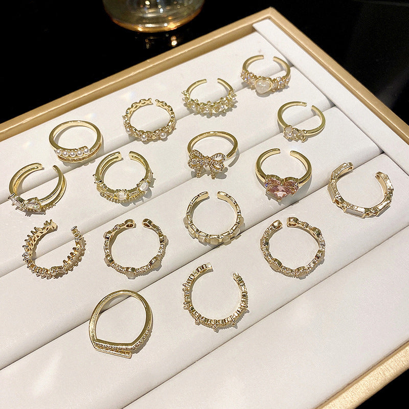 Korean Light Luxury High-end Zircon Pearl Ring Women's Retro Niche Design Bow Ring Ring Open Jewelry