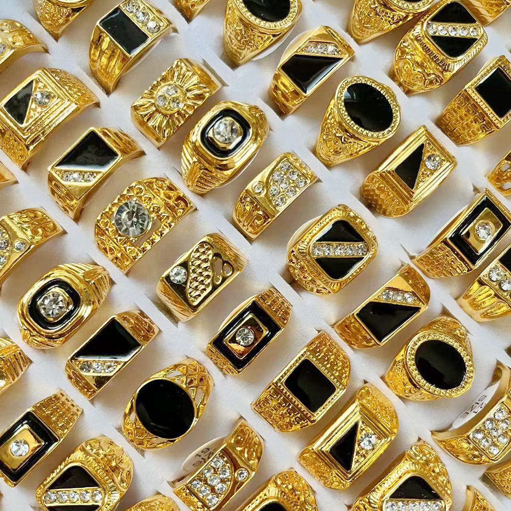 Popular Accessories, Hot Sales in Middle East Arabia, Gold Rhinestone Alloy Gold-plated Men's Rings Mixed Batch