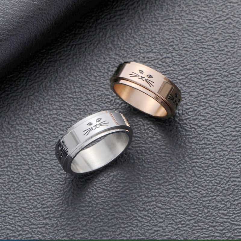 Hip-hop Fashion Cat Rotatable Titanium Steel Ring Temperament Popular Couple Ring Cross-border Amazon Decompression Jewelry