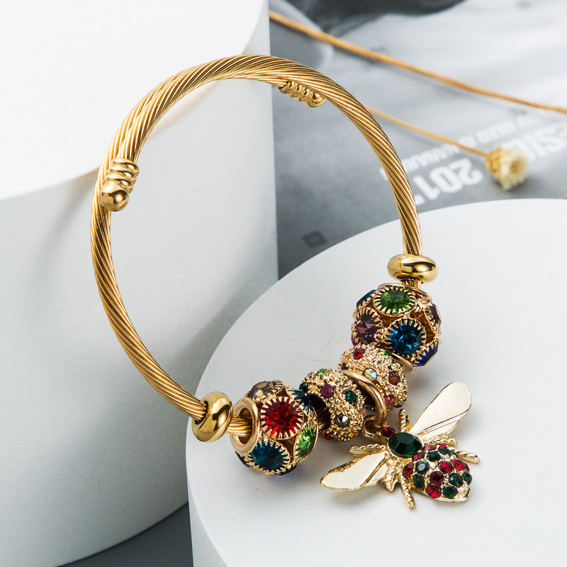 Popular Jewelry Alloy Gold Adjustable Bee Bracelet Shiny Diamond Hot Pan Dora Model
