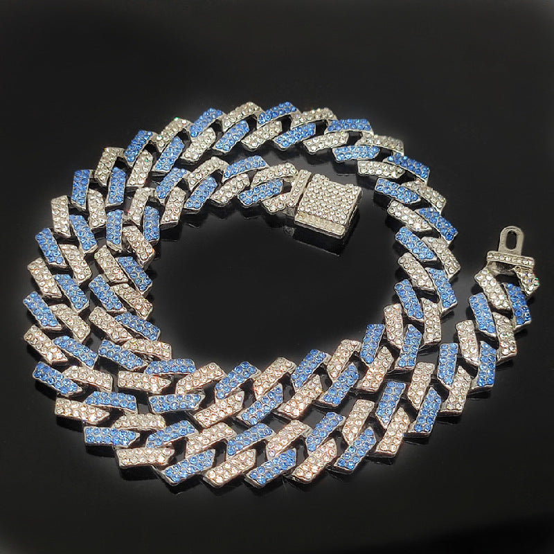 Explosive 15mm Small Flip Hiphop Pink Blue Hip Hop Cuban Chain Quadrilateral Strip Prismatic Men's Necklace