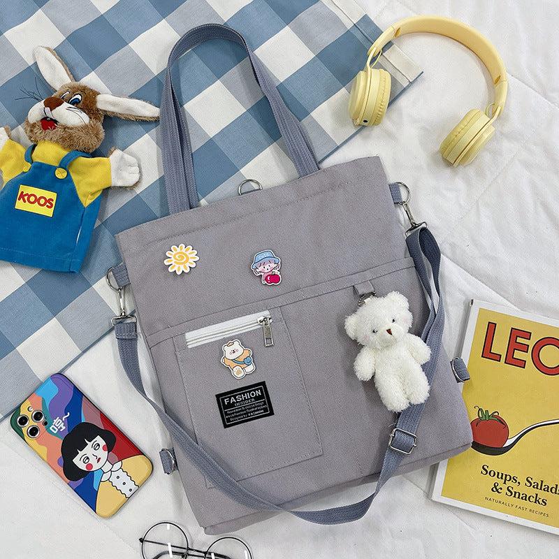 Ins Canvas Bag Female Student Korean Version Messenger Bag Large Capacity Fashion Versatile Single Shoulder Portable Tutoring Bag Double Shoulder Back