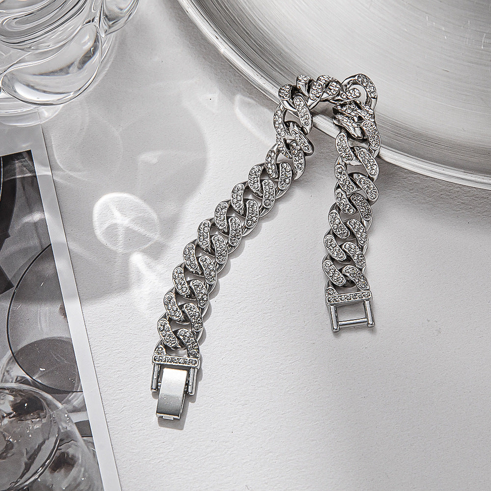 Korean Version of Hip-hop Personality Full Diamond Cuban Bracelet, Niche Design Wholesale Couple Men's and Women's Titanium Steel Bracelet Does Not Fade