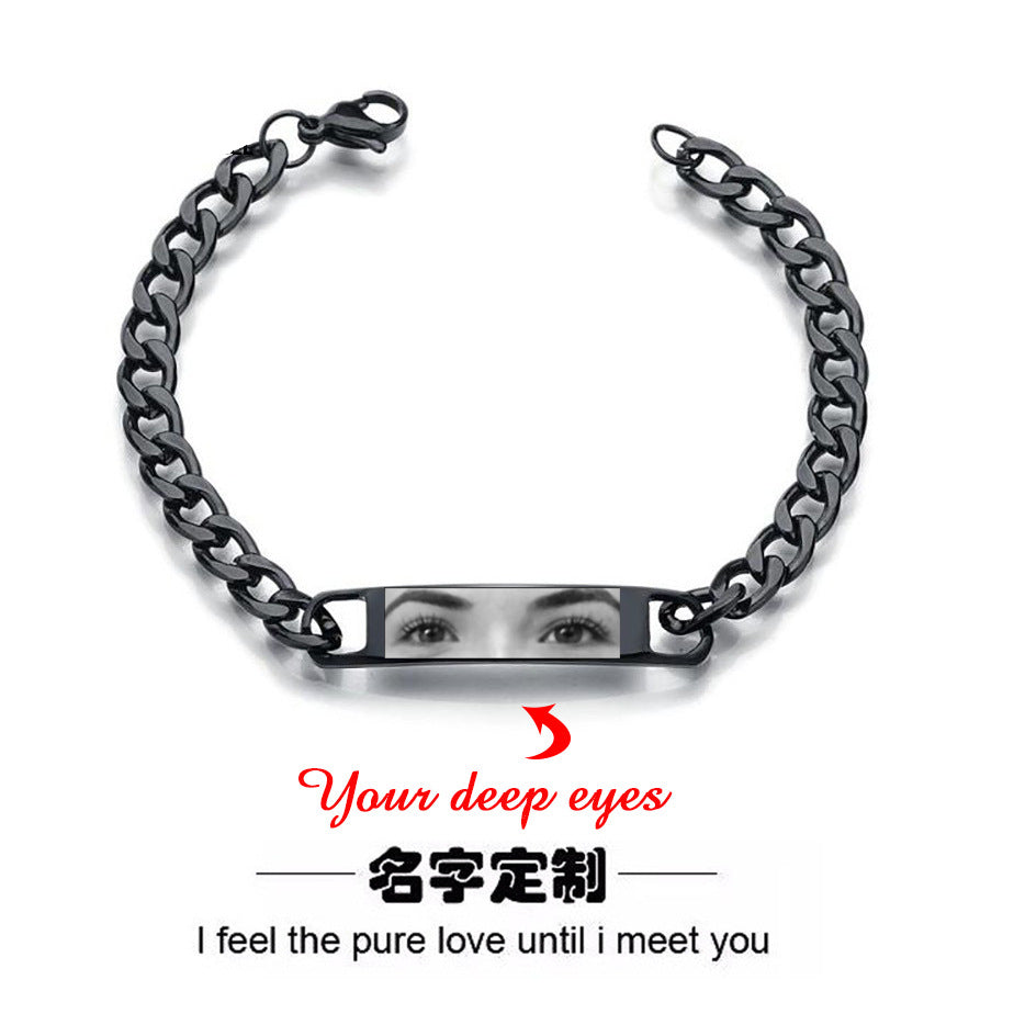 Popular Stainless Steel Men's NK Bracelet, Simple Glossy Curved Brand Lettering Engraved Eye Photo Bracelet Jewelry