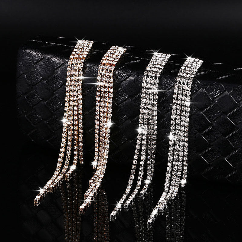 XP17 Cross-border Hot-selling Long Rhinestone Fringed Earrings Women's Blingbling Super Flash Stud Earrings and Ear Jewelry Wholesale