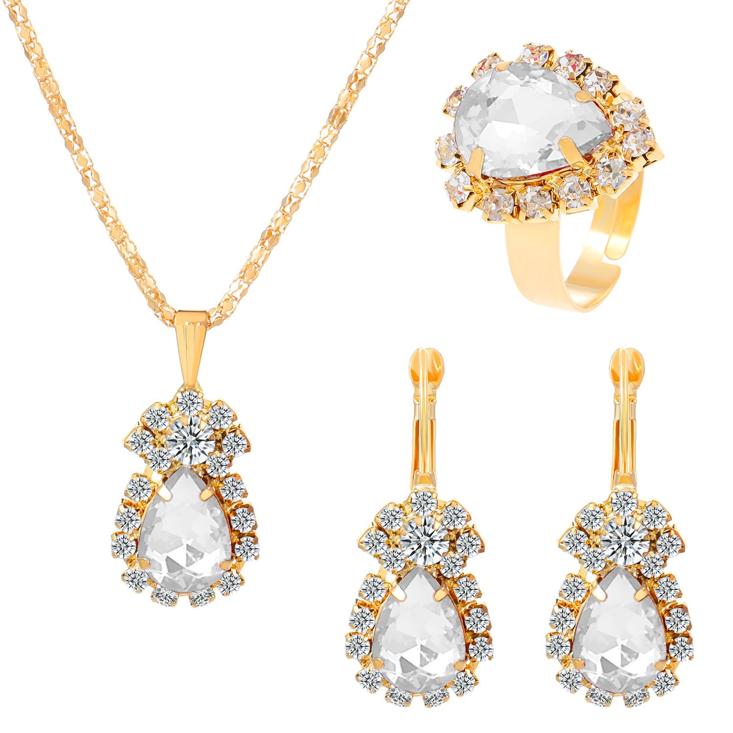 XP17 European and American Ins Water Drop Jewelry Set, Personalized Fashion Color Rhinestone Necklace, Earrings, Ring Set New
