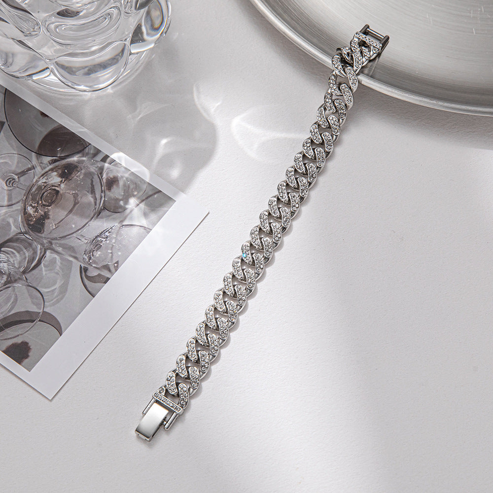 Korean Version of Hip-hop Personality Full Diamond Cuban Bracelet, Niche Design Wholesale Couple Men's and Women's Titanium Steel Bracelet Does Not Fade