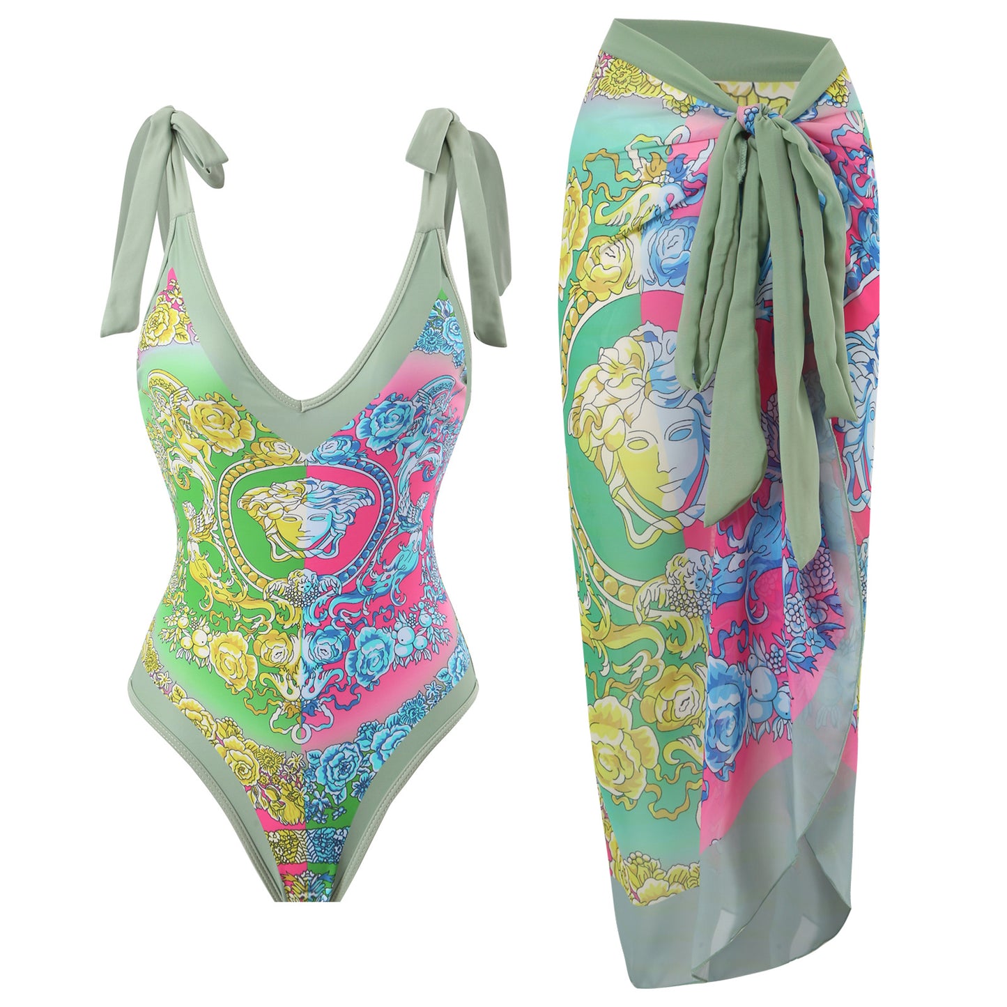 2025 European and American Foreign Trade One-piece Bikini Three-piece Suit Conservative Beach Skirt Chiffon Wrap Skirt Hot Spring Swimsuit Women