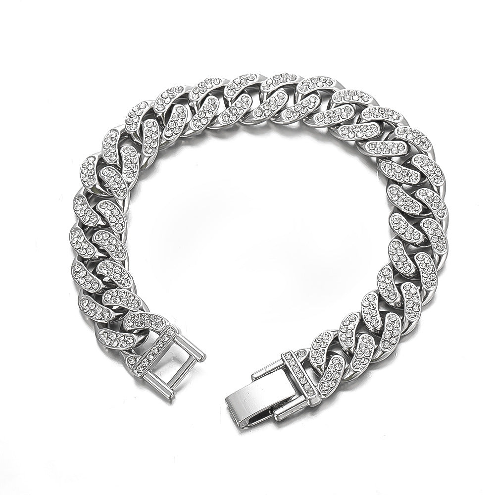 Korean Version of Hip-hop Personality Full Diamond Cuban Bracelet, Niche Design Wholesale Couple Men's and Women's Titanium Steel Bracelet Does Not Fade