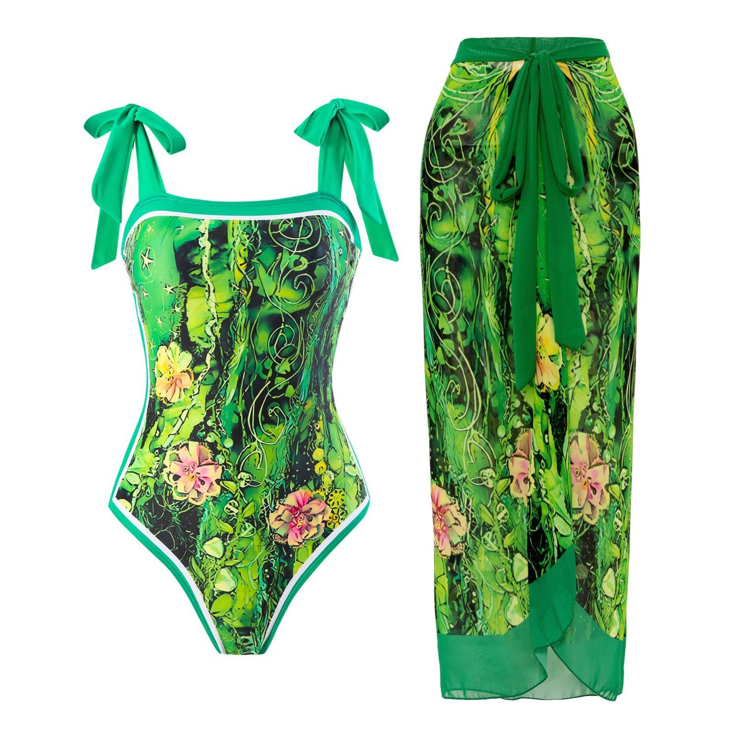 2025 European and American Foreign Trade One-piece Bikini Three-piece Suit Conservative Beach Skirt Chiffon Wrap Skirt Hot Spring Swimsuit Women